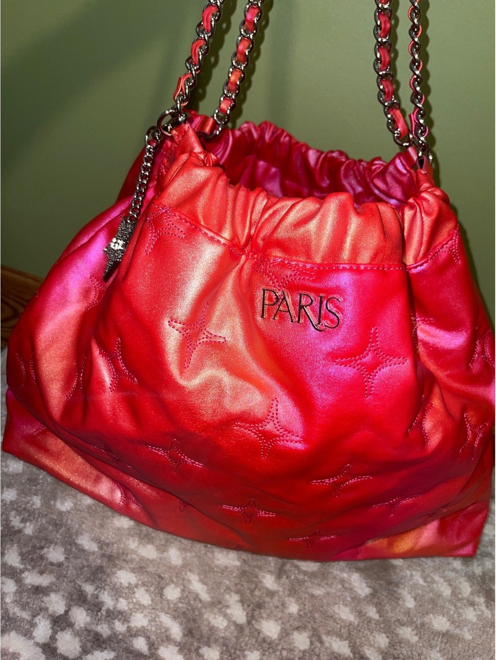 Red Pink quilted Paris Hilton Bucket Shoulder Bag Chain Strap